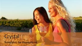  Presentation with people enjoying - PPT theme with people drinking red rose wine at vineyard happy women holding glasses of red wine or rose enjoying a glass outside at sunset background and a gold colored foreground