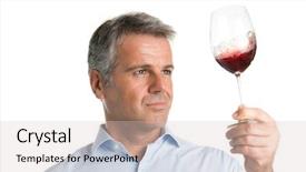  Presentation with looking glass - Colorful theme enhanced with satisfied mature man looking at red glass of wine during a winetasting backdrop and a light gray colored foreground