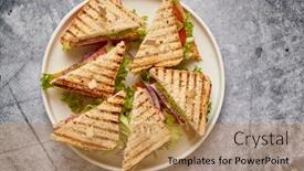  Presentation with white plate - Audience pleasing PPT layouts consisting of tasty-and-fresh-club-sandwich backdrop and a gold colored foreground