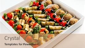  Presentation with appetizers - Presentation design enhanced with tasty-appetizers-in-the-box background and a coral colored foreground
