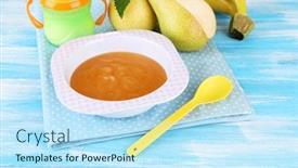  Presentation with baby bottle - PPT theme with tasty baby fruit puree and baby bottle on wooden table background and a sky blue colored foreground
