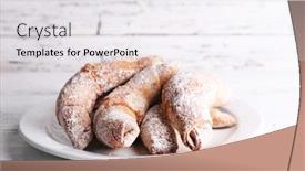  Presentation with powdered - Colorful theme enhanced with tasty bagels with powdered sugar on wooden background backdrop and a sky blue colored foreground