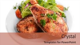  Presentation with white plate - Audience pleasing PPT theme consisting of tasty baked fish on plate backdrop and a red colored foreground
