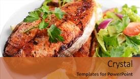  Presentation with fish - Theme consisting of tasty baked fish on plate background and a red colored foreground