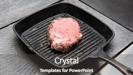  Presentation with grilling - Slides having tasty beef steak grilling in a cast-iron ribbed fry pan background and a dark gray colored foreground