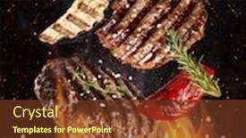  Presentation with steaks - Colorful PPT theme enhanced with tasty-beef-steaks-flying-above backdrop and a tawny brown colored foreground