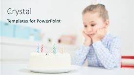  Presentation with sad girl - Beautiful presentation featuring tasty birthday cake with blown candles and sad little girl on background backdrop and a sky blue colored foreground