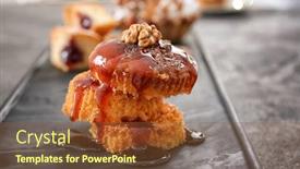  Presentation with biscuit - Presentation theme enhanced with tasty biscuit dessert with caramel sauce on table background and a tawny brown colored foreground