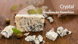  Presentation with blue cheese - Presentation theme featuring tasty blue cheese with olives and basil on wooden table background and a coral colored foreground
