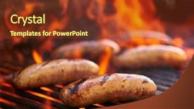  Presentation with grill - PPT theme having tasty bratwurst sausage barbecuing on the grill background and a tawny brown colored foreground