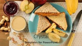 Presentation with peanut - Colorful presentation design enhanced with tasty breakfast with peanut butter sandwiches and apple on table backdrop and a yellow colored foreground