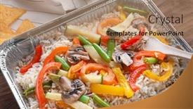  Presentation with brown rice - Slide deck with tasty brown rice with vegetables in foil container on table closeup background and a coral colored foreground
