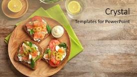  Presentation with salmon - Colorful PPT theme enhanced with tasty bruschettas with olives backdrop and a coral colored foreground