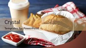  Presentation with burger fries - Audience pleasing PPT layouts consisting of tasty burger and french fries on wooden table background unhealthy food concept backdrop and a yellow colored foreground