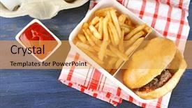  Presentation with burger fries - Audience pleasing slide set consisting of tasty burger and french fries backdrop and a yellow colored foreground