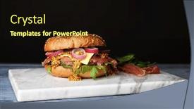  Presentation with burger - PPT layouts consisting of tasty burger on marble board against dark background background and a wine colored foreground