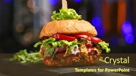 Presentation with burger - Beautiful PPT theme featuring tasty burger on wooden board against dark background backdrop and a tawny brown colored foreground