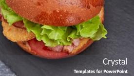  Presentation with burger - Beautiful PPT theme featuring tasty-burger-with-beef-cutlet backdrop and a dark gray colored foreground