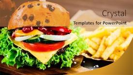  Presentation with burger - Beautiful PPT theme featuring tasty burger with chips served on cutting board backdrop and a coral colored foreground