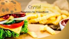  Presentation with burger - Slide set with tasty burger with chips served on cutting board background and a yellow colored foreground