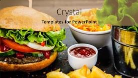  Presentation with burger - Audience pleasing PPT theme consisting of tasty burger with chips served on stone plate backdrop and a coral colored foreground