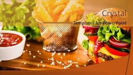  Presentation with burger - Slides featuring tasty burger with chips served on cutting board background and a gold colored foreground