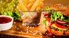  Presentation with burger - Cool new presentation design with tasty burger with chips served on cutting board backdrop and a gold colored foreground