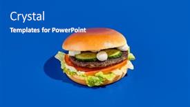  Presentation with pleasure food - PPT layouts having tasty-burger-with-feta-cheese background and a teal colored foreground