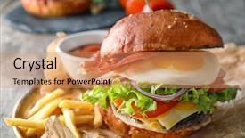  Presentation with burger - Presentation design featuring tasty burger with fried egg background and a coral colored foreground