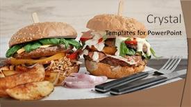  Presentation with burgers - Audience pleasing presentation theme consisting of tasty-burgers-and-potatoes backdrop and a coral colored foreground