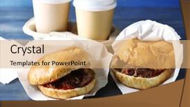 Presentation with burgers - PPT theme enhanced with tasty burgers on wooden table background close-up unhealthy food concept background and a coral colored foreground