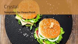  Presentation with burgers - PPT theme featuring tasty burgers served black stone plate background and a gold colored foreground
