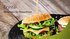  Presentation with burgers - Presentation theme featuring tasty burgers served black stone plate background and a mint green colored foreground