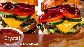  Presentation with burgers - PPT theme with tasty burgers with chips served on cutting board background and a tawny brown colored foreground