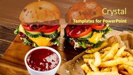  Presentation with burgers - PPT theme enhanced with tasty burgers with chips served on cutting board background and a tawny brown colored foreground