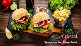  Presentation with burgers - Audience pleasing presentation theme consisting of tasty burgers with chips served on cutting board on stone plate backdrop and a wine colored foreground