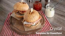  Presentation with burgers - Colorful slide set enhanced with tasty-burgers-with-prosciutto backdrop and a violet colored foreground