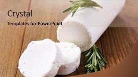  Presentation with cheese - Colorful presentation design enhanced with tasty bushe cheese with rosemary on wooden table backdrop and a coral colored foreground