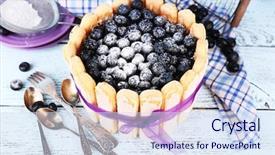  Presentation with blueberries - Colorful slide deck enhanced with modern restaurant interior with served tables and blank vertical poster mock up 3d illustration backdrop and a coral colored foreground.