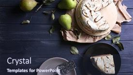  Presentation with chocolate nuts - Colorful PPT theme enhanced with tasty cake with chocolate nuts and pear topping on dark wooden background backdrop and a wine colored foreground