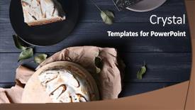  Presentation with chocolate nuts - Slides enhanced with tasty cake with chocolate nuts and pear topping on dark wooden background background and a wine colored foreground