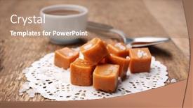  Presentation with table salt - Colorful PPT theme enhanced with tasty caramel candies with salt on wooden table backdrop and a coral colored foreground