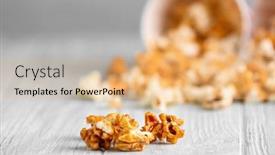  Presentation with popcorn - PPT layouts enhanced with tasty caramel popcorn on wooden table background and a coral colored foreground