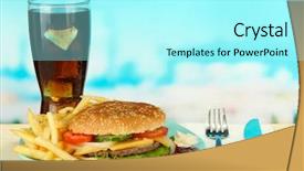  Presentation with cold drink - Presentation theme having fries coke - tasty cheeseburger with fried potatoes background and a arctic colored foreground