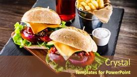  Presentation with french fries - PPT theme enhanced with tasty cheeseburgers with french fries served on fashionable black stone plate background and a tawny brown colored foreground