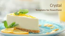  Presentation with cheesecake - Audience pleasing PPT theme consisting of tasty cheesecake slice with lemons backdrop and a soft green colored foreground