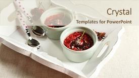  Presentation with dessert - Presentation theme having tasty cherry dessert on table background and a lemonade colored foreground