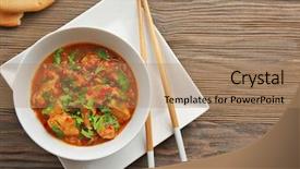  Presentation with chicken curry - Colorful slide deck enhanced with tasty chicken curry in soup plate and chopsticks on table backdrop and a coral colored foreground