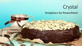  Presentation with almond - Audience pleasing PPT layouts consisting of tasty chocolate cake with almond on wooden table on light background backdrop and a cool aqua colored foreground