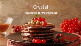  Presentation with chocolate nuts - PPT layouts featuring tasty chocolate pancakes with viburnum and nuts on black plate background and a coral colored foreground